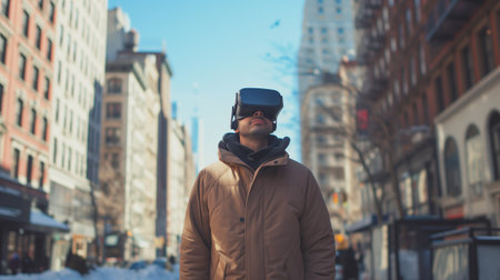 Young man using VR virtual reality glasses while walking in city street, lifestyle and technology conceptの素材