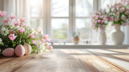 Abstract wooden tabletop with easter eggs and flower, copy space over blurred window interior background, display for product montageの素材