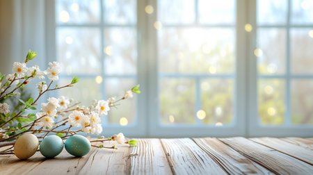 Abstract wooden tabletop with easter eggs and flower, copy space over blurred window interior background, display for product montageの素材
