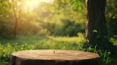 Abstract empty wooden desk tabletop with copy space over spring and summer blurred background, display for product montageの素材