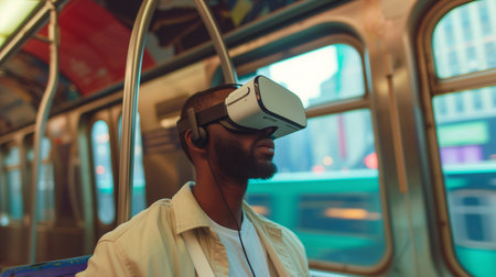 Young man using VR virtual reality glasses while taking metro subway in the city, lifestyle and technology conceptの素材