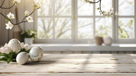 Abstract wooden tabletop with easter eggs and flower, copy space over blurred window interior background, display for product montageの素材