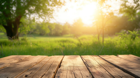 Abstract empty wooden desk tabletop with copy space over spring and summer blurred background, display for product montageの素材