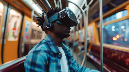 Young man using VR virtual reality glasses while taking metro subway in the city, lifestyle and technology conceptの素材