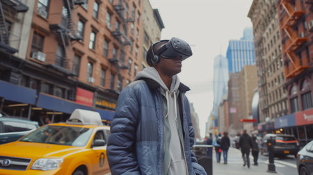 Young man using VR virtual reality glasses while walking in city street, lifestyle and technology conceptの素材