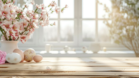 Abstract wooden tabletop with easter eggs and flower, copy space over blurred window interior background, display for product montageの素材