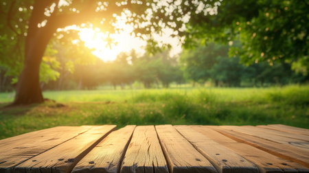 Abstract empty wooden desk tabletop with copy space over spring and summer blurred background, display for product montageの素材
