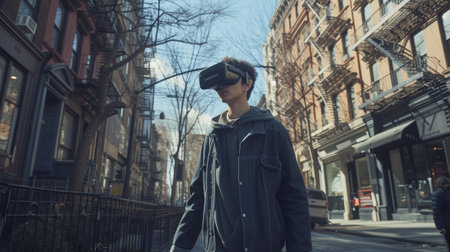 Young man using VR virtual reality glasses while walking in city street, lifestyle and technology conceptの素材