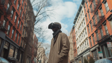 Young man using VR virtual reality glasses while walking in city street, lifestyle and technology conceptの素材