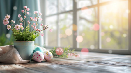 Abstract wooden tabletop with easter eggs and flower, copy space over blurred window interior background, display for product montageの素材