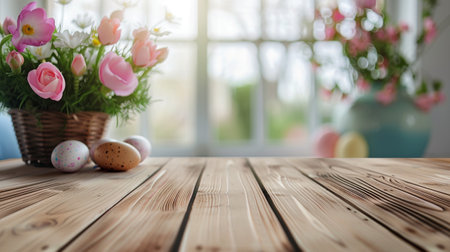 Abstract wooden tabletop with easter eggs and flower, copy space over blurred window interior background, display for product montageの素材