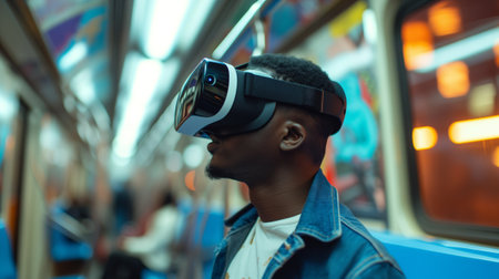 Young man using VR virtual reality glasses while taking metro subway in the city, lifestyle and technology conceptの素材