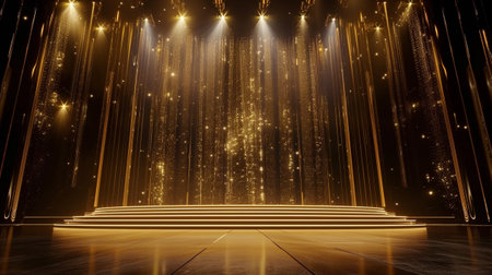 Stage opening golden stage glitter with spotlights and luxury gold light streak. Particle luxury for ceremony backgroundの素材
