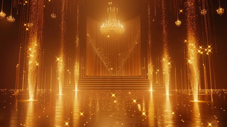Stage opening golden stage glitter with spotlights and luxury gold light streak. Particle luxury for ceremony backgroundの素材