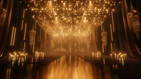 Stage opening golden stage glitter with spotlights and luxury gold light streak. Particle luxury for ceremony backgroundの素材