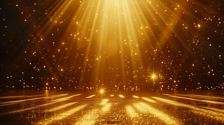 Stage opening golden stage glitter with spotlights and luxury gold light streak. Particle luxury for ceremony backgroundの素材