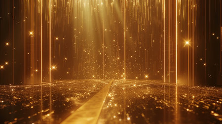 Stage opening golden stage glitter with spotlights and luxury gold light streak. Particle luxury for ceremony backgroundの素材