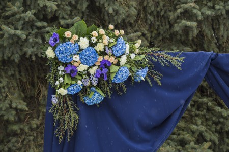Beautiful wedding arch for marriage decorated with flowers.の写真素材