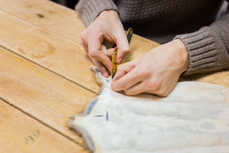 Professional male skinner, furrier working with mink fur skin at atelier, workshop. Fashion and...
