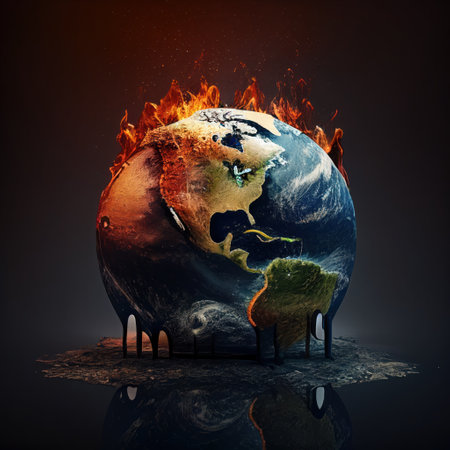 Planet globe illustration - global warming problem, Earth burn and melt. Global warming, ecology, problem and environment concept , Generative AIの素材