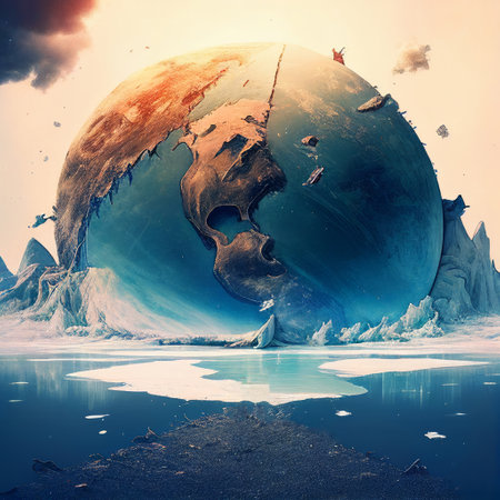 Planet earth globe illustration - global warming problem, freezing. Cooling, ice age, ecology, problem and environment concept , Generative AIの素材