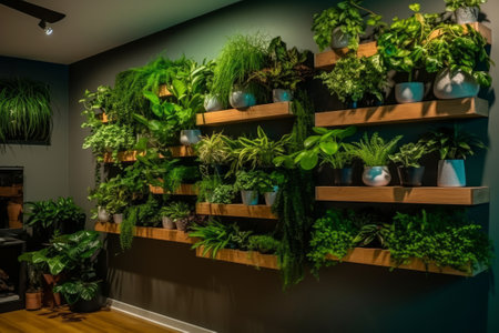 Stylish home interior with vertical garden - wall design of green plants. Architecture, decor, eco concept. Generative AIの素材
