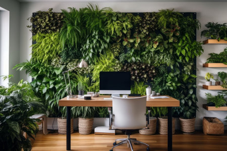 Eco home office with table, comfortable armchair and laptop. Background from leaves and plants. Plant wall with lush green colors. Generative AIの素材