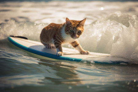 Red cat on holiday rides a surfboard, realistic style. Vacation, sport, surfing, summer time concept. Generative AIの素材