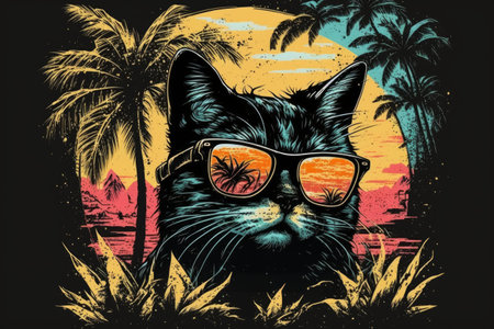 Portrait of a cool cat on a dark background, retro style. Generative AIの素材