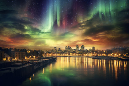 Aurora Borealis, northern lights over the big city and lake. Generative AIの素材