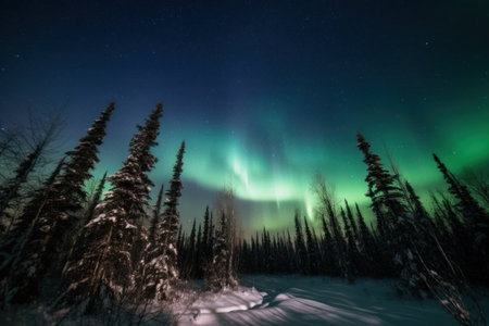 Aurora, northern lights in night sky coniferous forest. Generative AIの素材