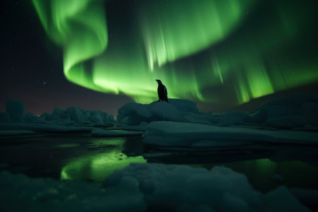 Winter landscape - penguin and the southern lights, Aurora Australis. Generative AIの素材