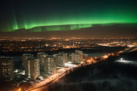 Colorful aurora borealis, polar lights on winter night over town. Generative AIの素材