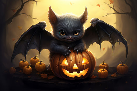 Halloween character - funny cartoon bat with pumpkinの素材