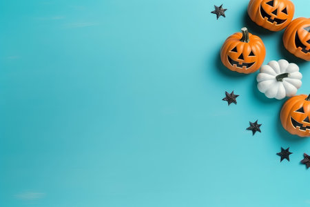Halloween holiday concept - orange and white small pumpkins on blue background, top view, copy space.. Generative AIの素材