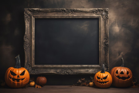 Blank frame for text with small pumpkins in front of black wall. Halloween holiday, autumn concept.. Generative AIの素材