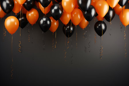 Black and orange balloons on grey background, halloween or birthday partyの素材