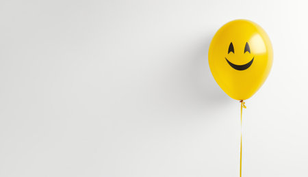 Yellow balloon with a smiley face on white background, copy spaceの素材