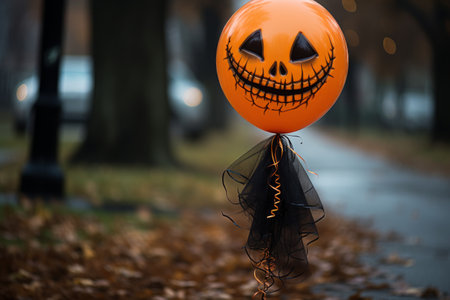Creepy yellow balloon with a smiley face, park on background, halloween decorationsの素材