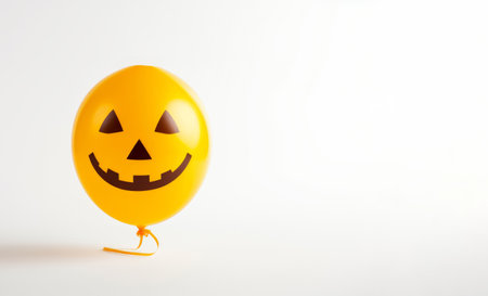 Yellow balloon with a smiley face on white background, copy spaceの素材