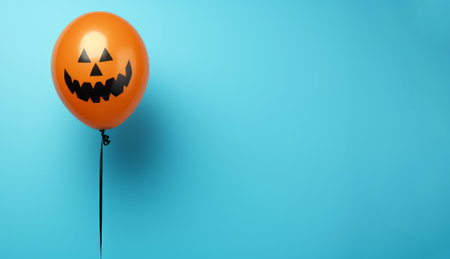 Creepy yellow balloon with a smiley face on blue background, halloween decorations, copy spaceの素材