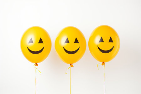 Three yellow balloons with a smiley face on white backgroundの素材