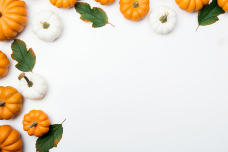 Orange pumpkins and colorful dried leaves on white background, copy space, top view. Halloween, Thanksgiving holiday concept. Generative AIの素材