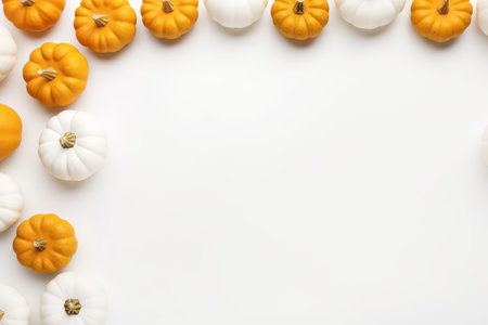 Small orange and white pumpkins on white background, top view, copy space. Halloween, Thanksgiving holiday concept.. Generative AIの素材