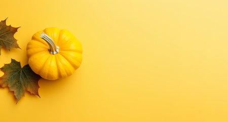 Pumpkin and green dried leaves on yellow background, copy space, top view. Halloween, Thanksgiving holiday concept. Generative AIの素材