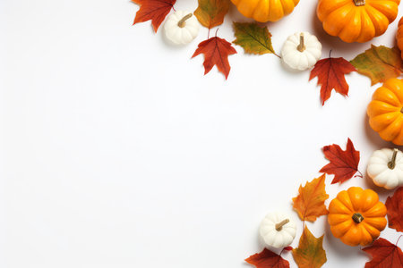 Orange pumpkins and colorful dried leaves on white background, copy space, top view. Halloween, Thanksgiving holiday concept. Generative AIの素材