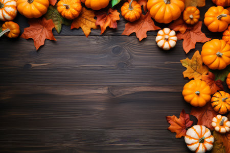 Orange pumpkins and colorful dried leaves on brown wooden background, copy space, top view. Halloween, Thanksgiving holiday concept. Generative AIの素材