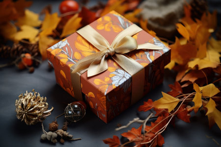 Beautiful gift box next to colorful autumn leaves. Generative AIの素材