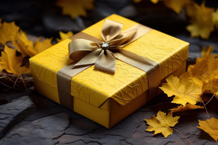 Beautiful gift box next to colorful autumn leaves. Generative AIの素材