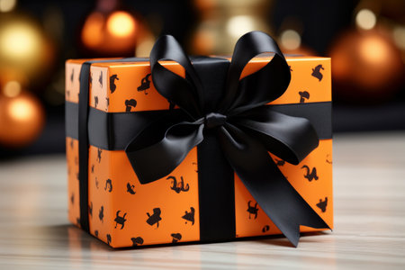 Orange gift box with black ribbon, Halloween copcept. Generative AIの素材
